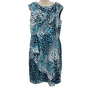 VTG Leslie Fey Womans size 12 Faux Wrap Animal Print Midi Sheath Dress Blue